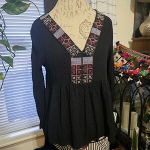 Blue Rain Black Top with Colorful Embroidery Peplum